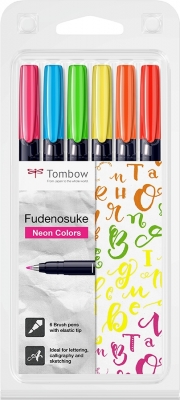 Markere caligrafice Fudenosuke Hard, 6 culori/set, Tombow